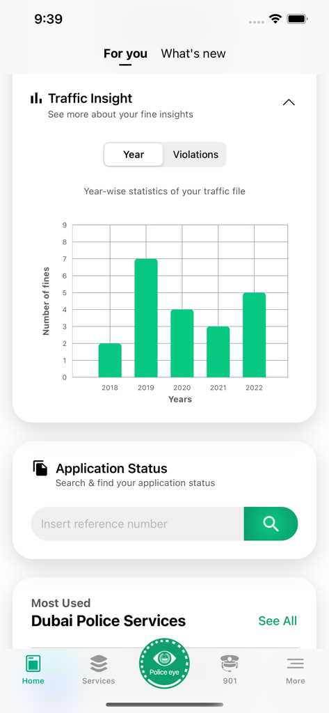 The Dubai Police app dashboard featuring a traffic fine bar chart and an application status search bar