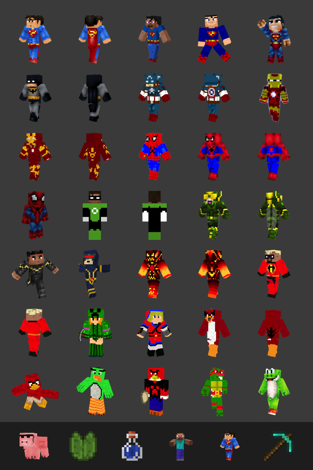 A grid of 3D Minecraft style skins featuring superheroes and cartoon characters for chat apps