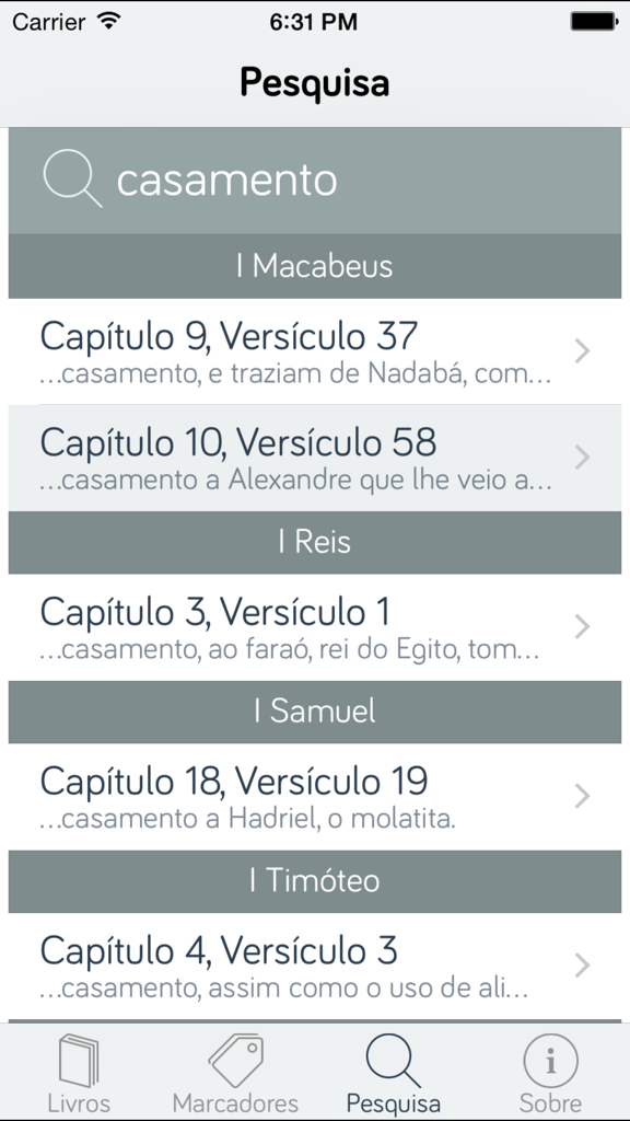 Pocket Biblia - Bíblia Católica - Search interface of the Pocket Biblia app displaying results for the word casamento in the Catholic Bible.