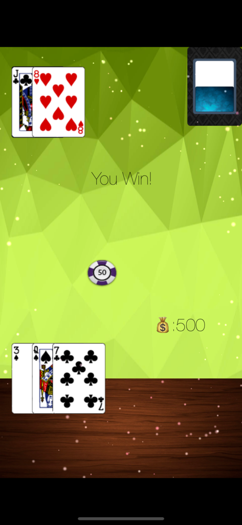 BJ21 Poker: BlackJack 21 Card - Gameplay screenshot of BJ21 Poker showing a player winning a Blackjack hand.