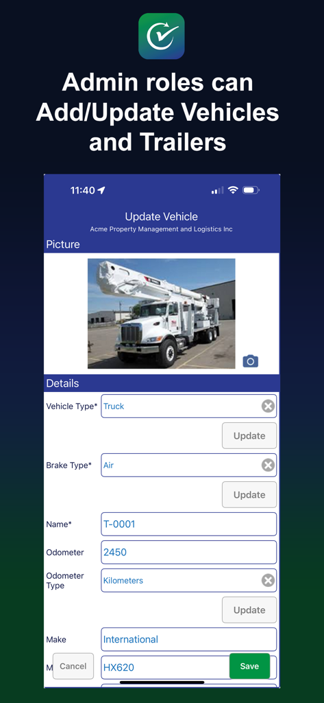 ReadyChek - ReadyChek app screen showing admin interface to add or update fleet vehicles and trailers
