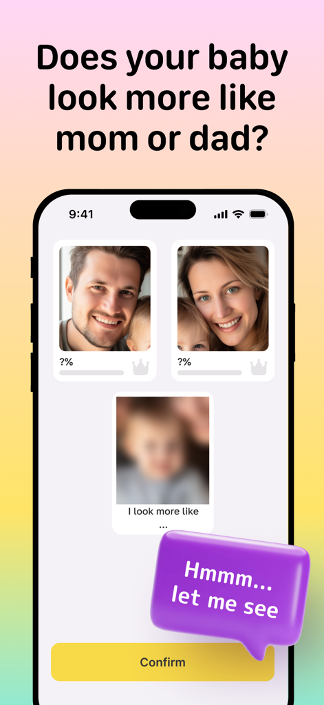A mobile app interface comparing photos of a father and mother with their baby to analyze facial similarity