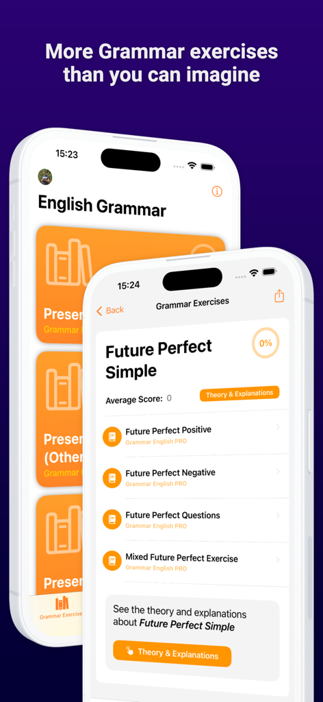 English Grammar Test PRO - English Grammar Test PRO app interface with future perfect simple exercises