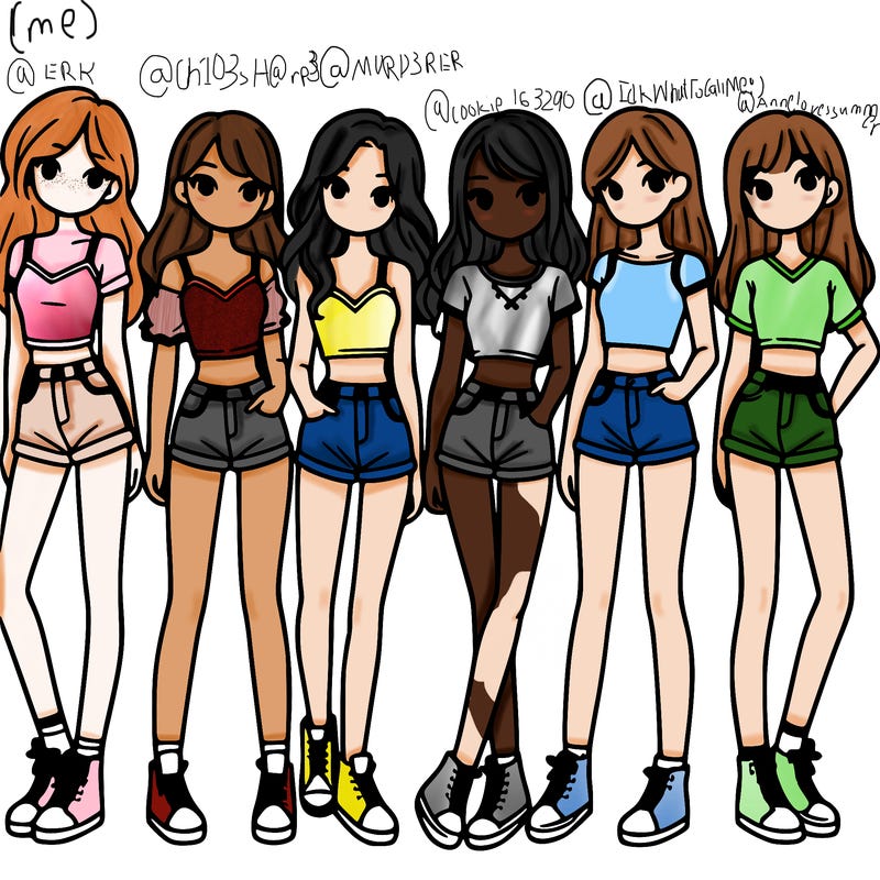 a group of girls wearing crop tops and shorts