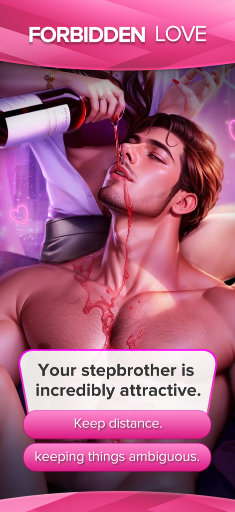 Una pantalla de juego de historia de romance interactivo de Whispers que muestra una opción de amor prohibido entre una mujer y un hombre.