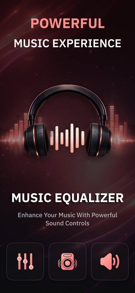 Music Equalizer - Bass Booster - Interface of the Music Equalizer app featuring a pair of headphones and sound enhancement icons