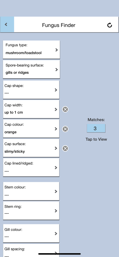 Mushrooms & other Fungi UK - Fungus Finder tool interface for identifying mushrooms by physical features