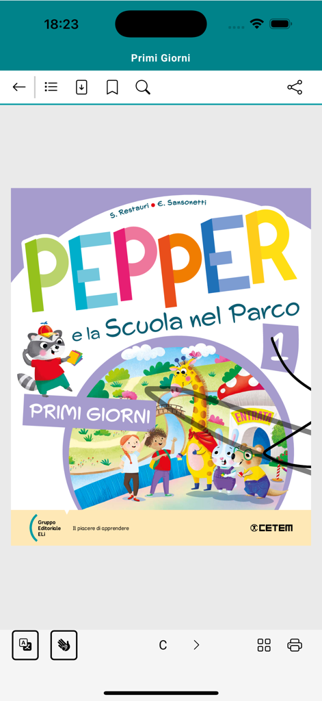 Digital cover of the Pepper e la Scuola nel Parco primary school textbook displayed within the ELi APPBook interface