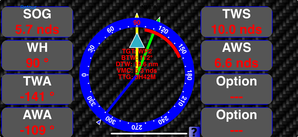 Technisches Marine-Navigations-Dashboard mit Echtzeit-Windgeschwindigkeit und Bootsleistungsdaten