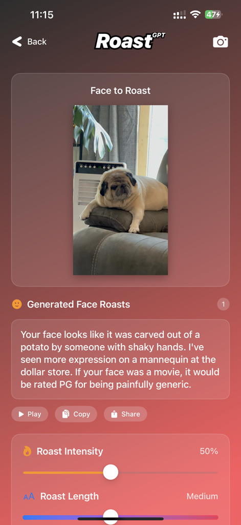 RoastGPT - AI Roast Generator - RoastGPT app interface showing an AI-generated roast for a photo of a pug dog