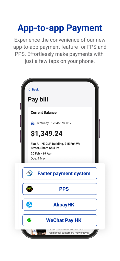 CLP HK - Bildschirm zur mobilen Rechnungszahlung für die CLP HK App mit verschiedenen digitalen Zahlungsmethoden, einschließlich FPS und AlipayHK