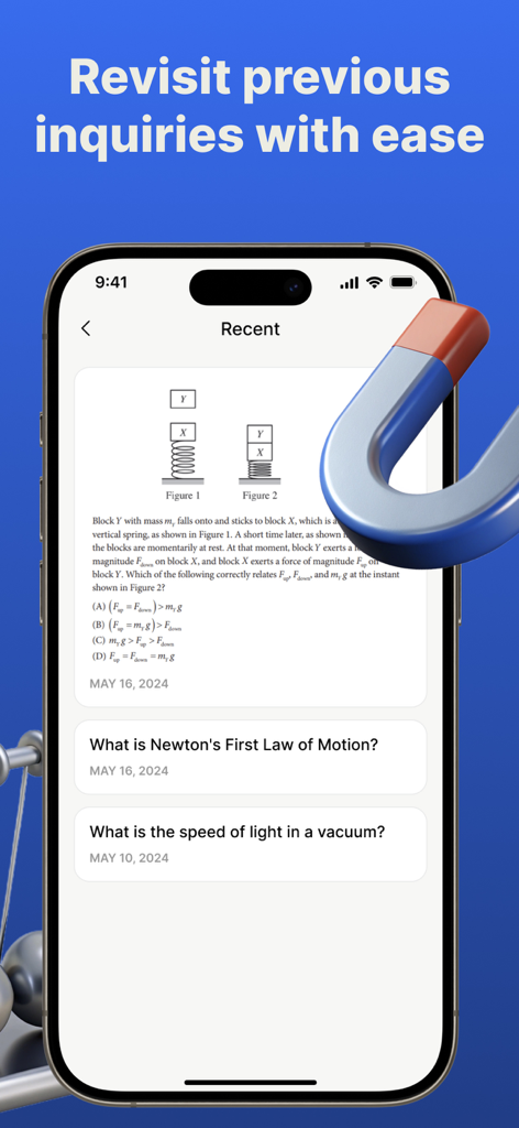 ai physics solver - AI Physics Solver app showing a history of recent solved physics inquiries and problems.