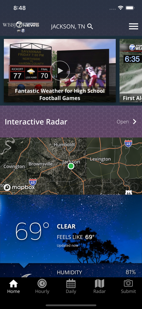 WBBJ Weather - WBBJ Weather app interface displaying current temperature and interactive radar map for Jackson Tennessee