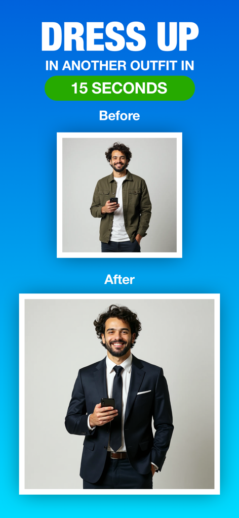 Before and after comparison of a man changing from casual clothes to a professional suit using AI