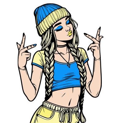 realistic teenage girl with braids and a beanie and crop top doing 🫶🏼