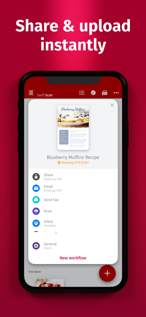 SwiftScan Pro Document Scanner - SwiftScan Pro app interface showing options to share, fax, and upload scanned documents to cloud services like Dropbox and Slack.