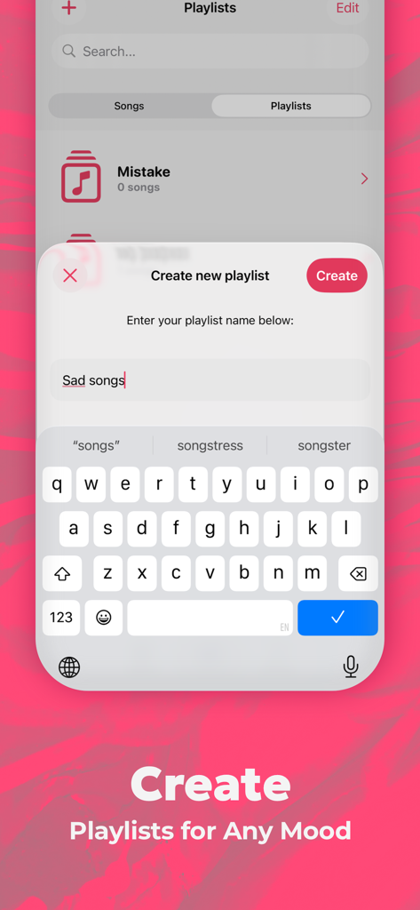 Tubidy FM Music Player Offline - Tubidy FM app screen showing the create new playlist feature with keyboard input