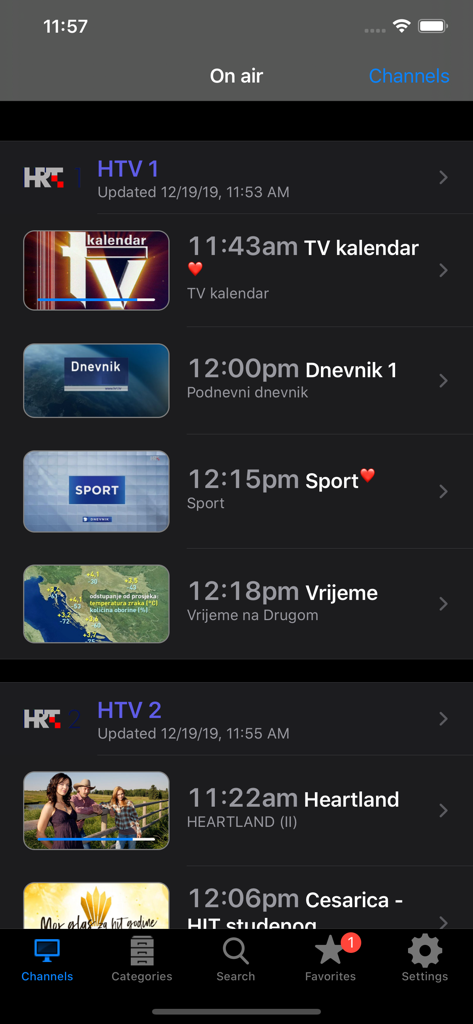 クロアチアTVプラスモバイルアプリのスクリーンショット。HTV 1やHTV 2などの全国テレビチャンネルの現在の放送スケジュールが表示されています。