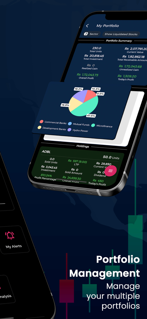 Nepal Share app portfolio management screen showing investment summary and sector allocation pie chart