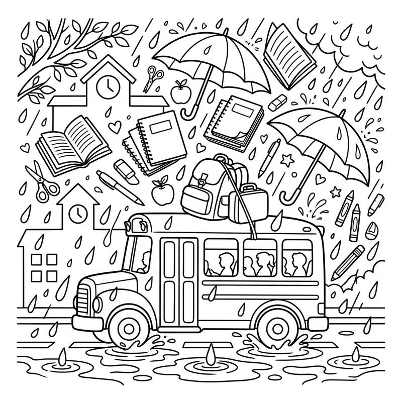 Embrace the back-to-school season, rain or shine, with this delightful coloring page. Featuring a classic school bus and an array of supplies amidst playful raindrops, it's perfect for a creative return to the classroom.