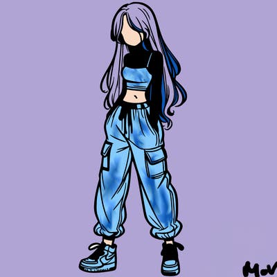 girl in baggy pants crop top and long hair