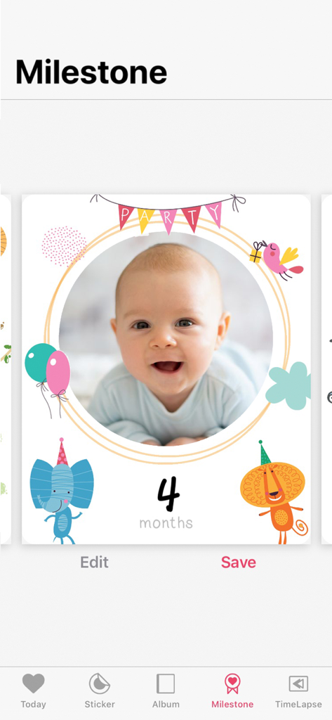 A four month baby milestone photo decorated with colorful animal stickers and frames in the Folio app