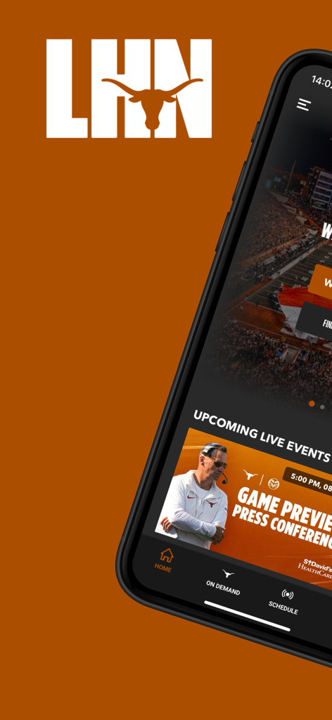 LHN (Longhorn Network) - Home screen of the LHN Longhorn Network app featuring upcoming live sports events and press conferences