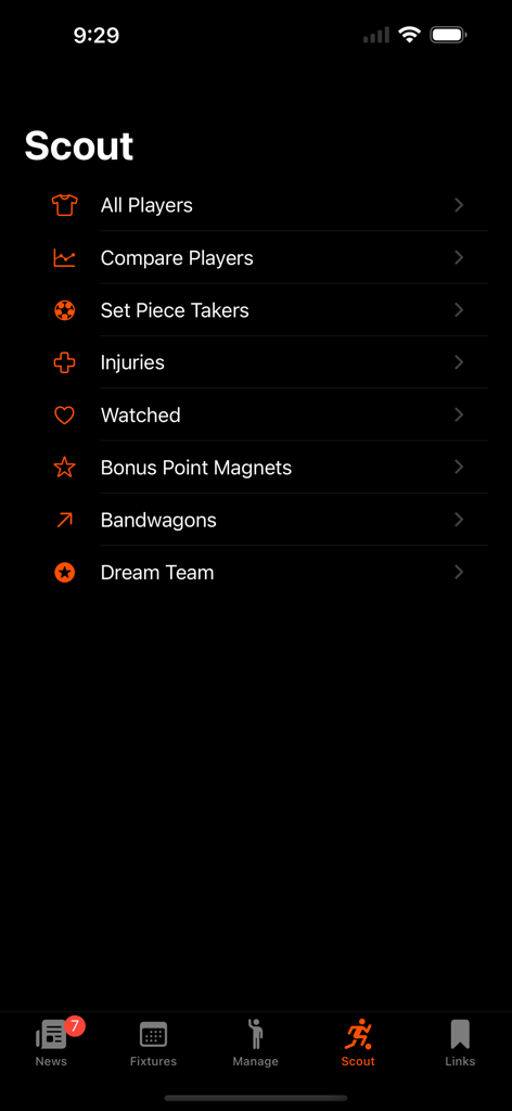 Scout menu in FPL Fantasy Football Manager showing player research features