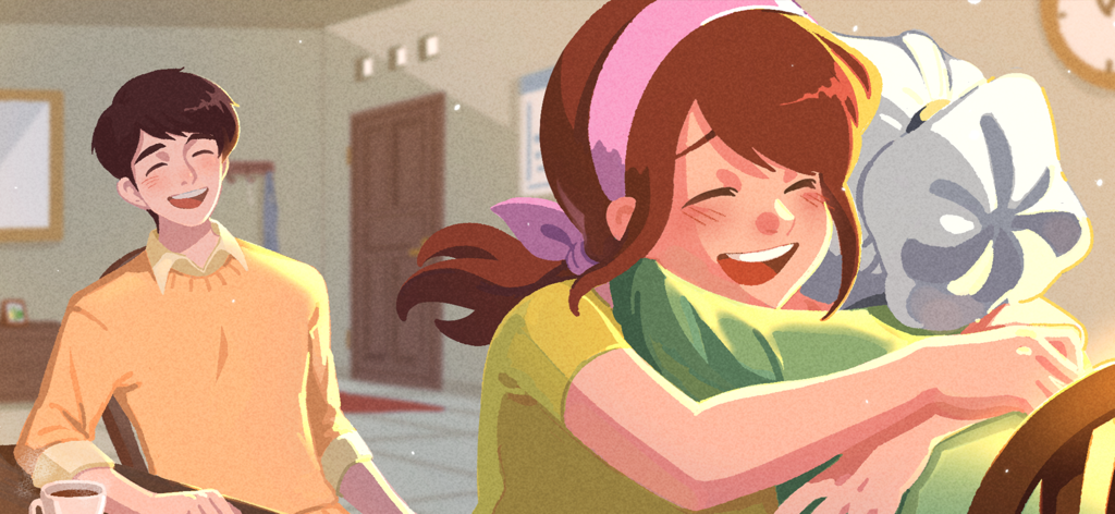 Selera Nusantara - Cartoon illustration of a young woman joyfully hugging a person with a smiling man nearby