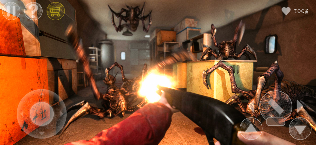 Antarctica 88: Scary Games - Vista en primera persona de un jugador disparando a monstruos araña con una escopeta en un laboratorio