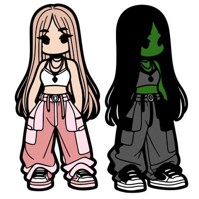 girl in baggy pants crop top and long hair