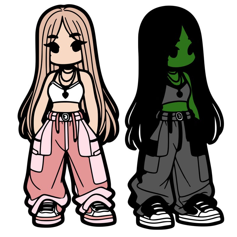 girl in baggy pants crop top and long hair