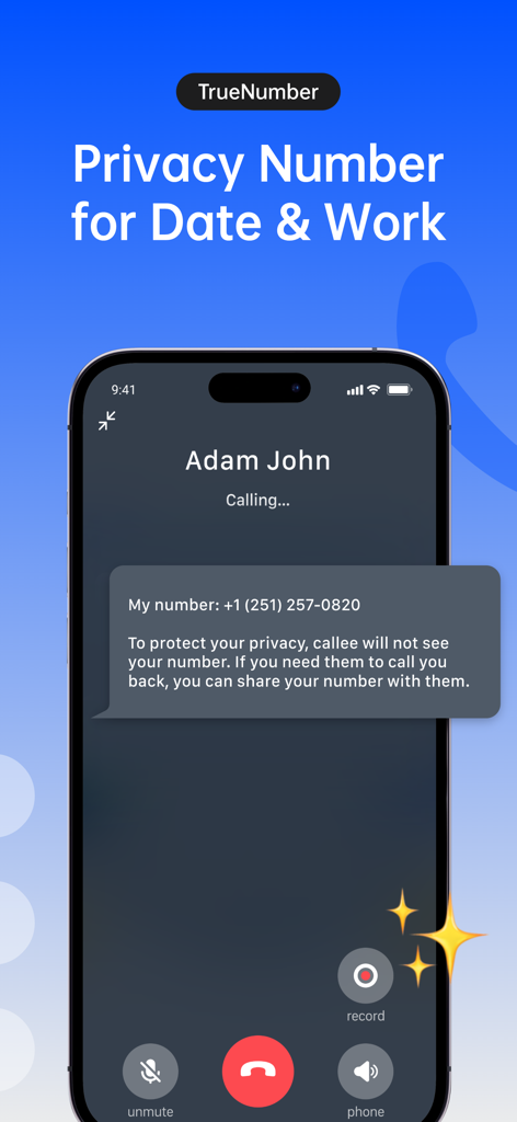 TrueNumber:Second Phone Number - TrueNumber app screen showing a private call for dating and work privacy protection
