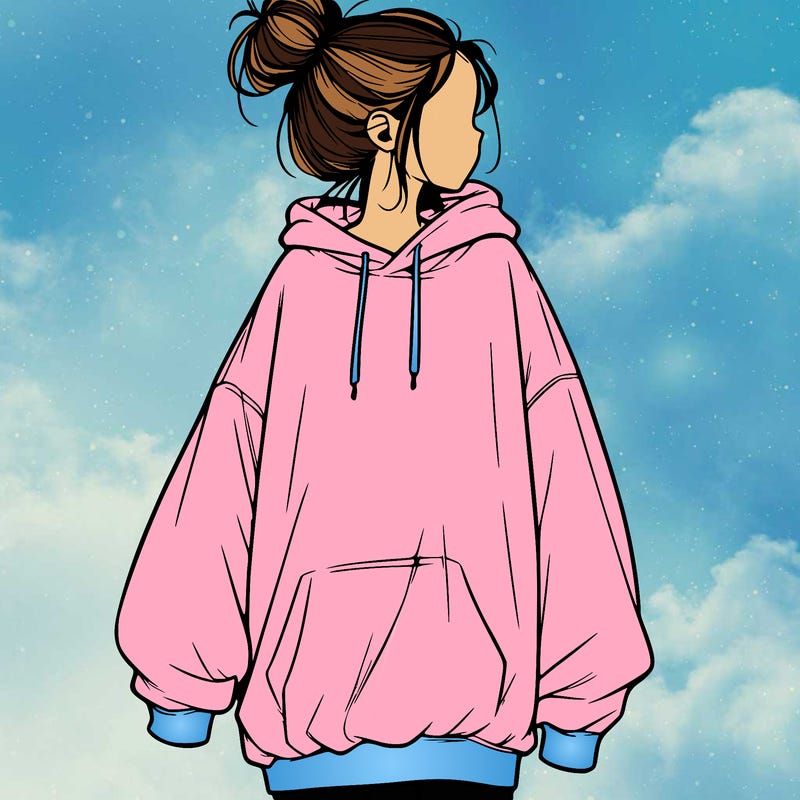 realistic girl with a oversized sweatshirt on and a bun