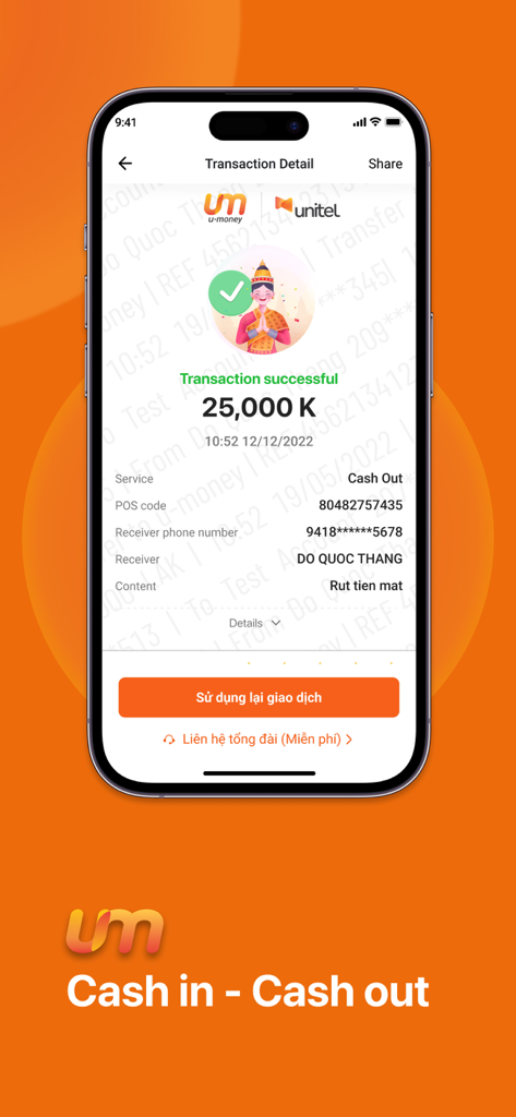A successful cash out transaction confirmation for 25000 Lao Kip in the u-money mobile app