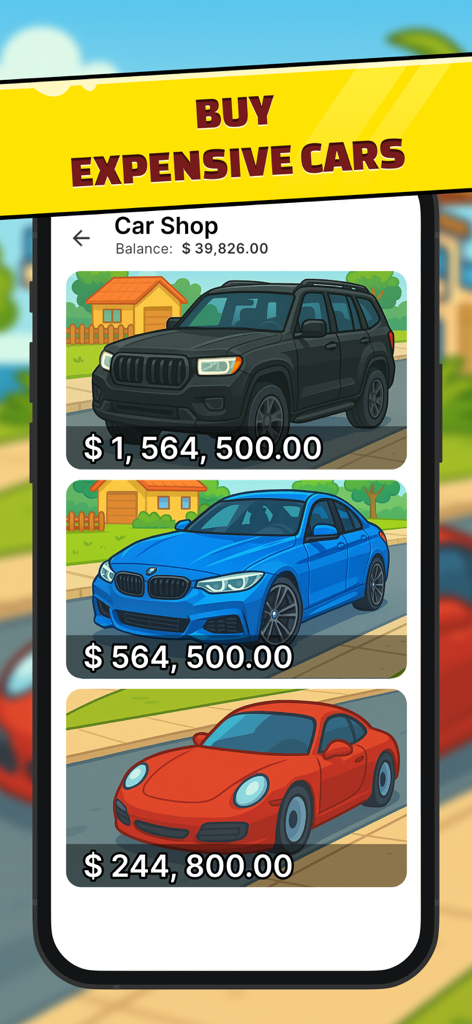 Business Empire: RichMan - Uma tela de jogo mobile mostrando uma loja de carros com veículos de luxo e seus preços virtuais em Business Empire RichMan