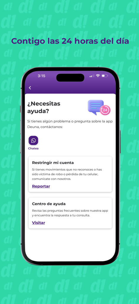 Deuna App Kundensupport-Bildschirm mit Optionen für Chat-Hilfecenter und Kontosicherheit