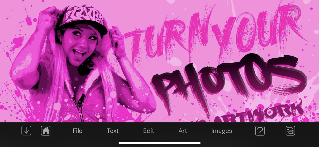 Graffiti Fonts - Graffwriter - Graffwriter app interface showing a pink graffiti style photo edit with the text Turn Your Photos
