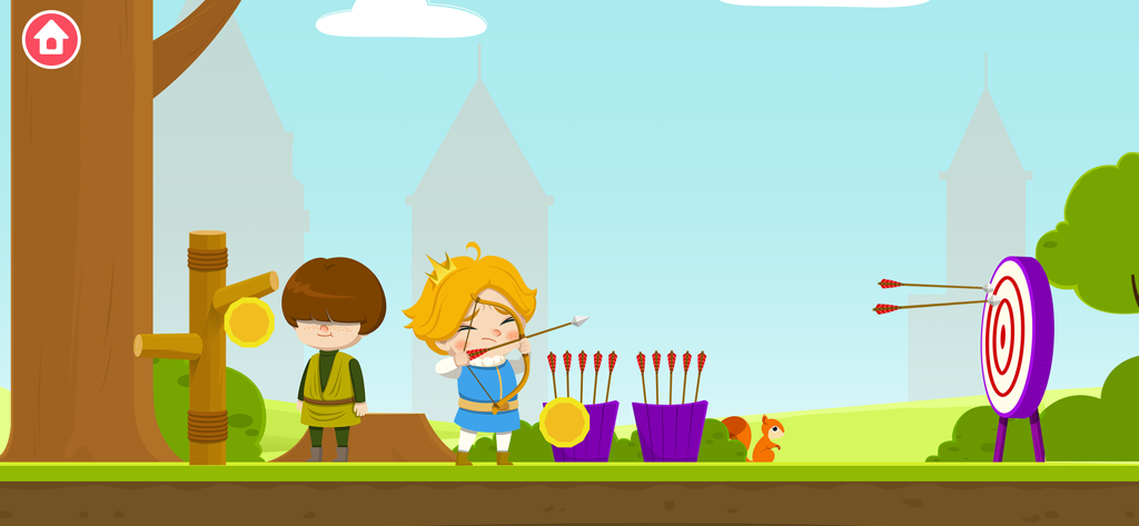 Il Piccolo Principe che pratica il tiro con l'arco con un arco e un bersaglio in un'ambientazione di castello medievale.