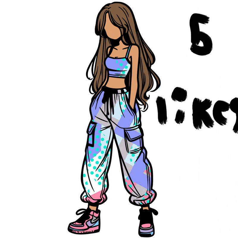 girl in baggy pants crop top and long hair