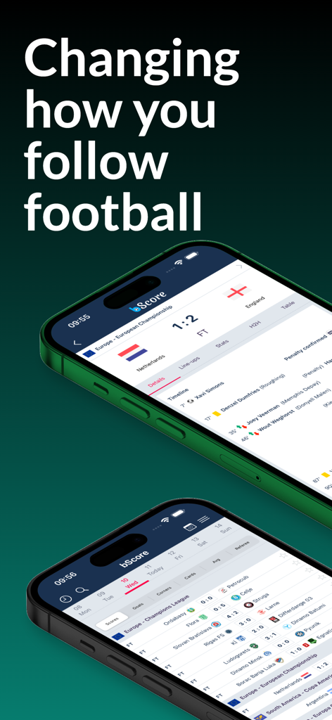 bScore app interface on two smartphones showing live soccer scores and match timelines