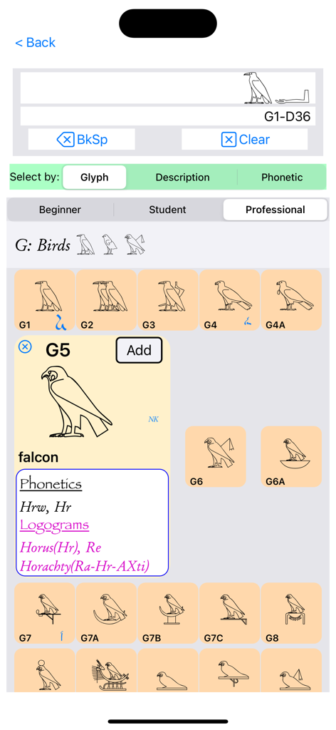 Hieroglyph Pro - Hieroglyph Pro app screen showing bird hieroglyphs and details for the falcon sign