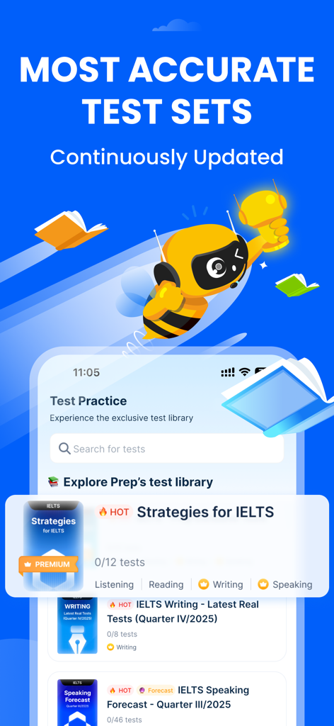 Prep-Smart learning& test prep - Una captura de pantalla de la aplicación Prep-Smart que muestra una biblioteca de conjuntos de exámenes de práctica del IELTS actualizados y estrategias de estudio
