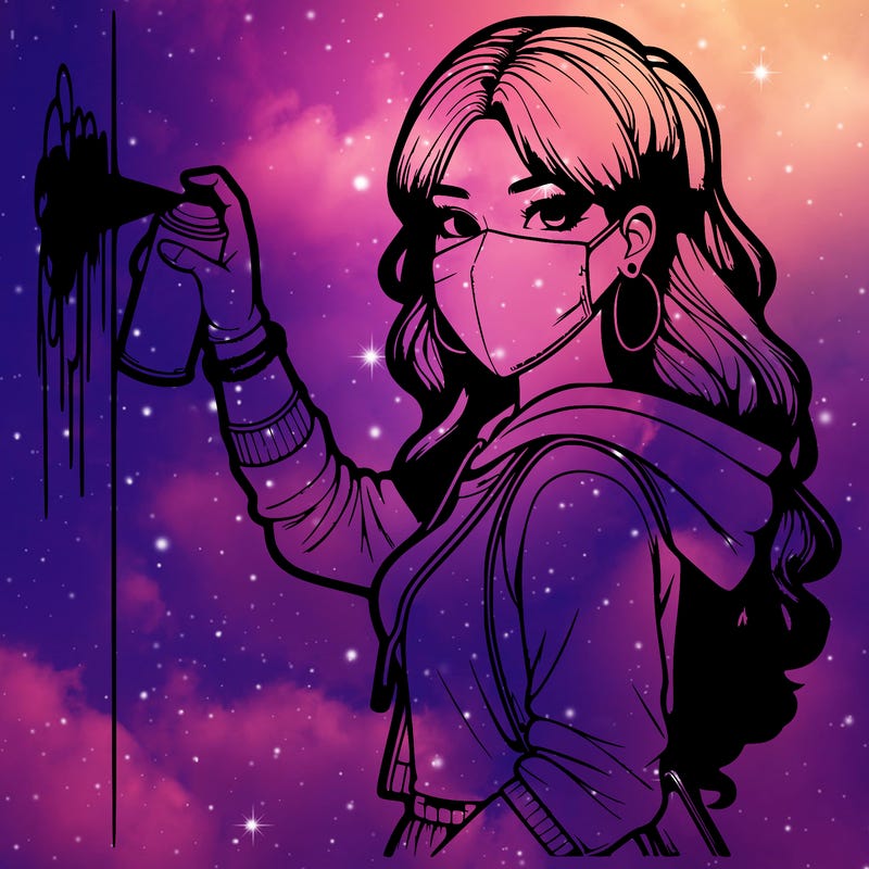 realistic girl with mask spray painting a wall