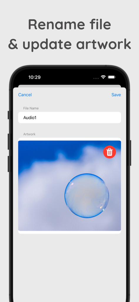 Easy Video Audio Extractor - Interfaccia per rinominare i file audio estratti e aggiornare le copertine degli album nell'app.