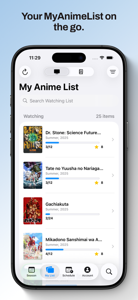 Kitsune for MyAnimeList - Kitsune for MyAnimeList app showing an anime watching list with progress bars on an iPhone.