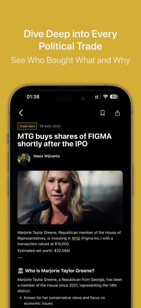 Wolf of Washington - Wolf of Washington mobile app screen showing a trade alert for a US politician including stock transaction details and bio