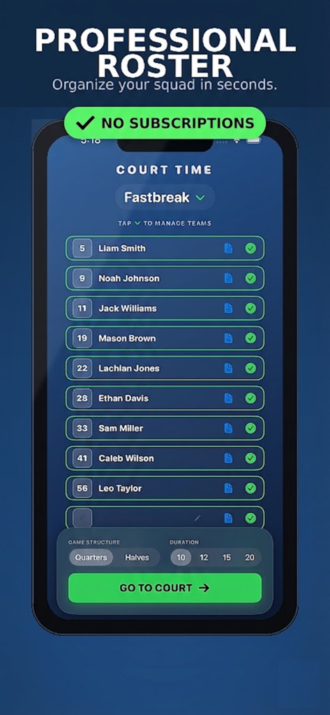 Court Time - Interface of the Court Time app showing a professional roster setup for a basketball team with player names and game duration settings
