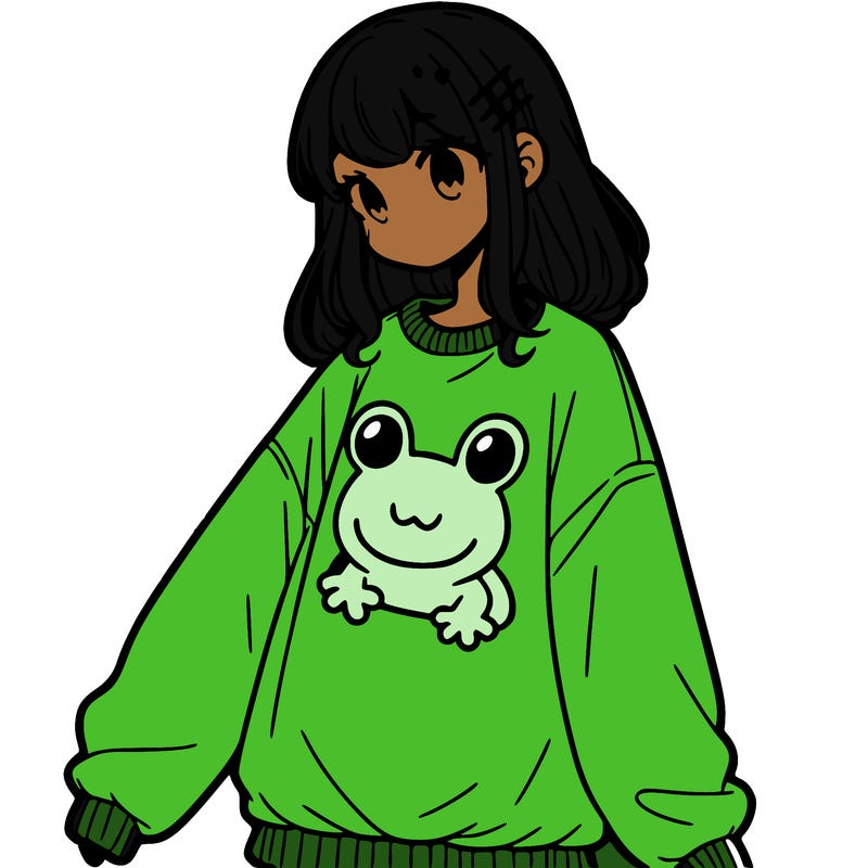 girl wearing frogging sweatshirt