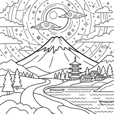 Discover the tranquil beauty of Japan with this stunning Mount Fuji coloring page set under a mystical night sky. Featuring a traditional village and shimmering constellations, it's a perfect blend of culture and serenity.